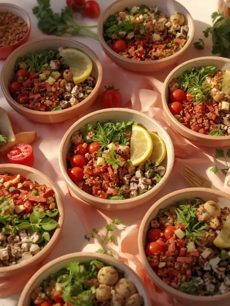 Colorful Mediterranean bowls filled with fresh vegetables and grains