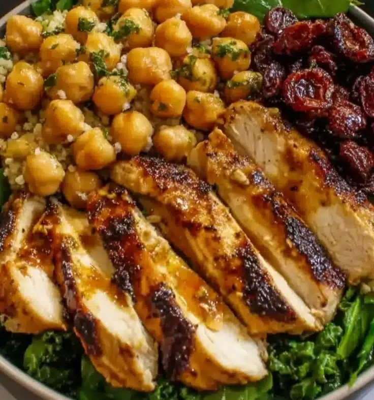 Mediterranean Chicken Bowl topped with fresh vegetables and herbs