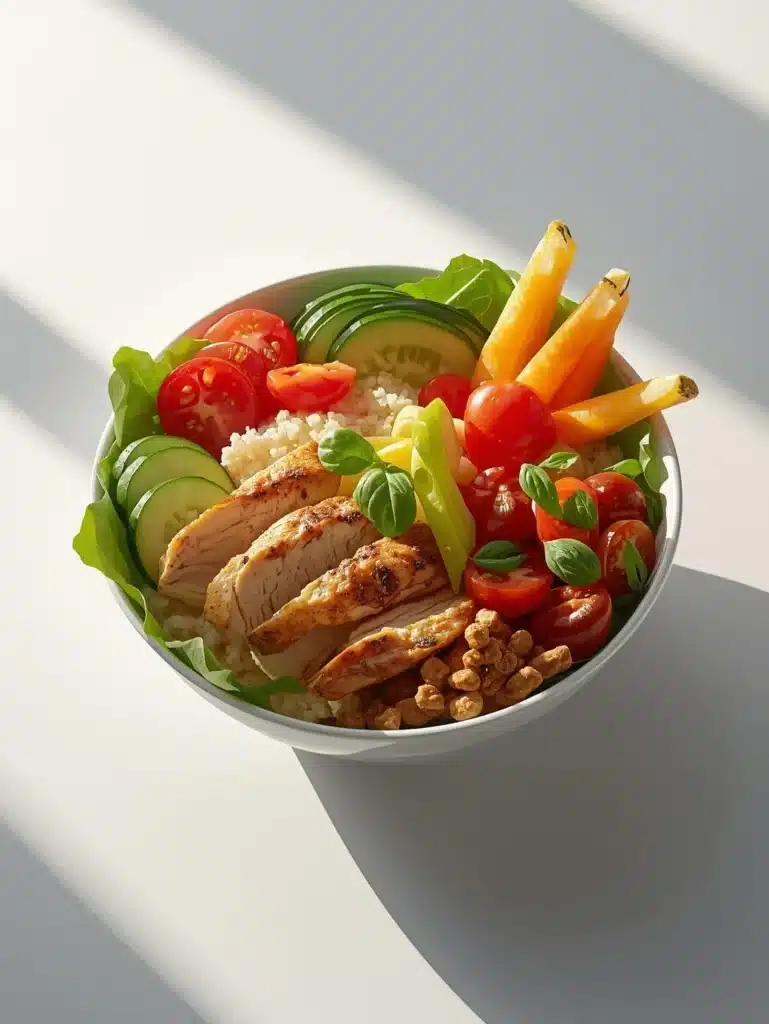 A variety of colorful Mediterranean lunch bowls filled with fresh ingredients.