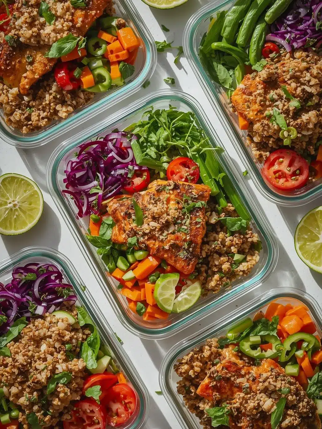 Colorful Mediterranean meal prep containers filled with healthy ingredients.