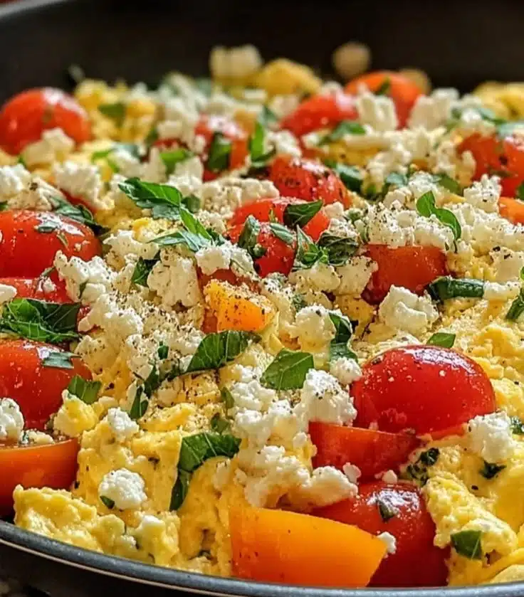 Delicious Mediterranean Scrambled Eggs topped with herbs and feta
