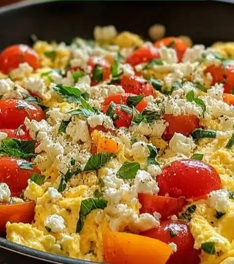 Mediterranean Scrambled Eggs topped with herbs and vegetables