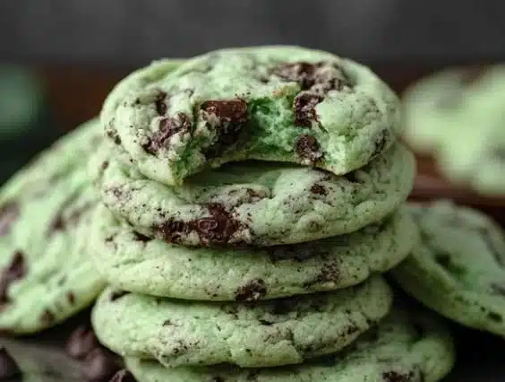 Freshly baked Mint Chocolate Chip Cookies on a cooling rack