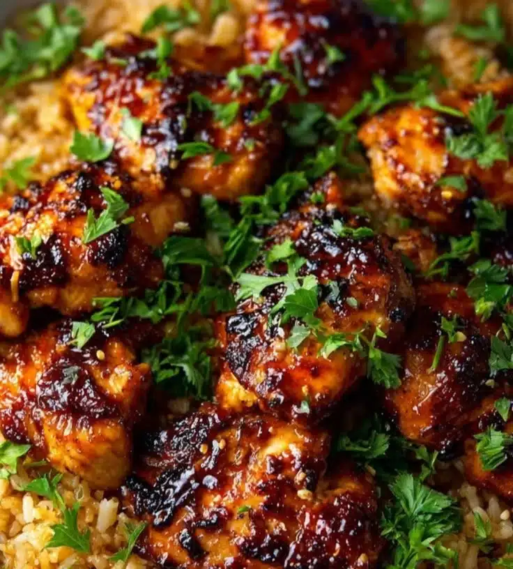 Delicious One Pan Honey BBQ Chicken Rice garnished with parsley