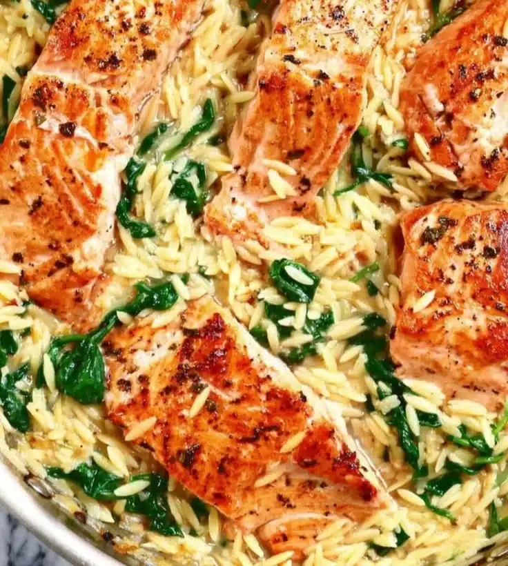 One Skillet Salmon with Lemon Orzo recipe on a rustic plate