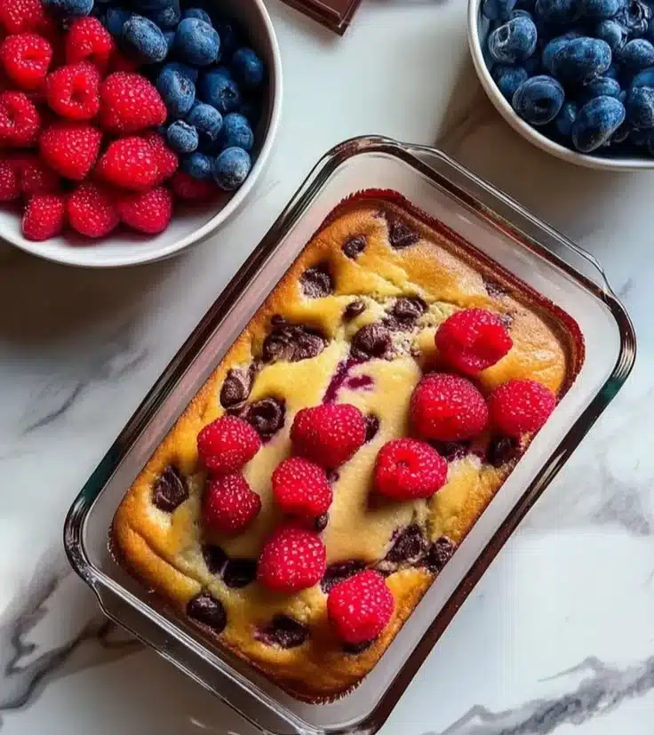 A delicious pancake bowl filled with fruits and syrup.