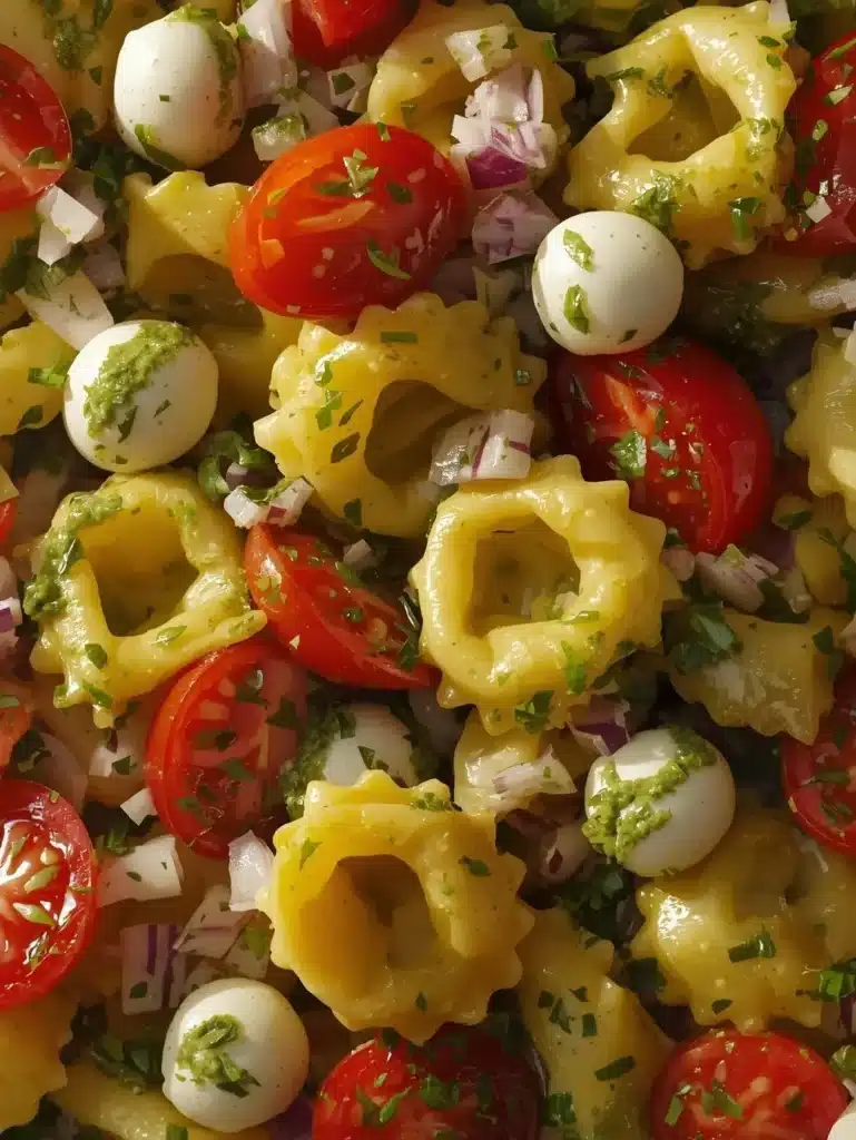 Pesto tortellini salad with cherry tomatoes and fresh basil
