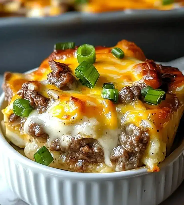 Low carb Philly cheesesteak casserole served in a dish