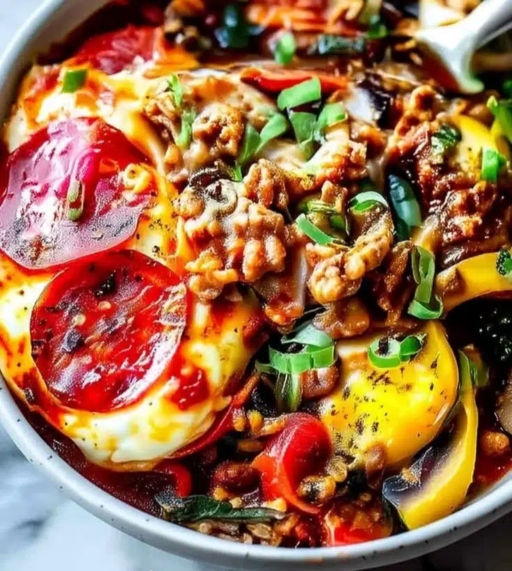 Delicious Pizza Protein Bowl loaded with fresh vegetables and protein-rich ingredients