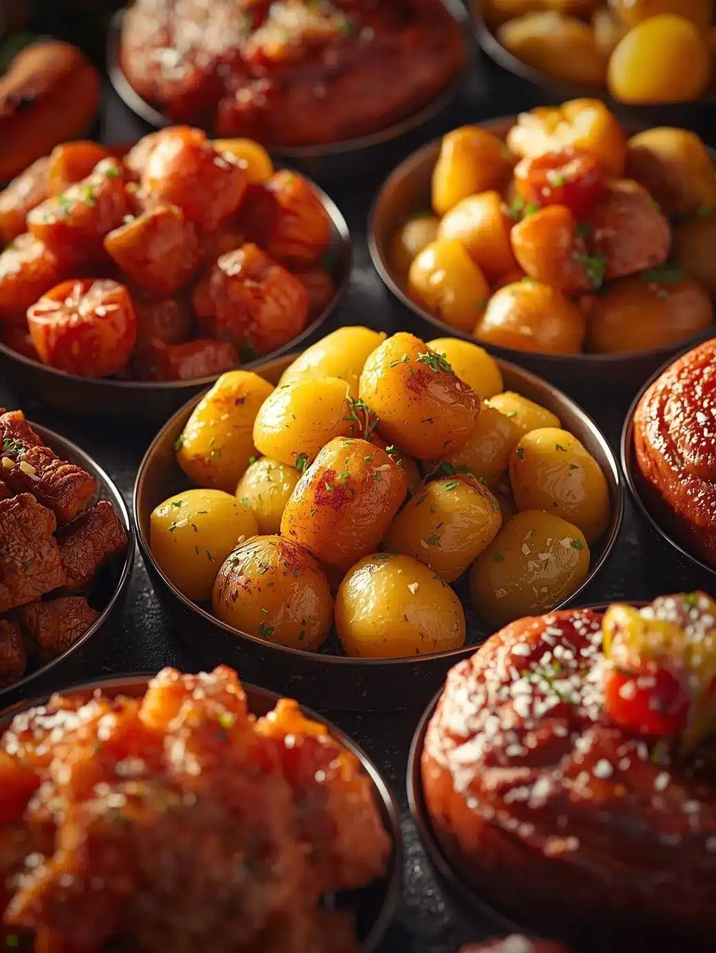 Delicious meal of potatoes and sausage served with herbs.