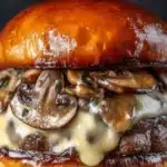 Pretzel bun burger with beer cheese sauce on a wooden table