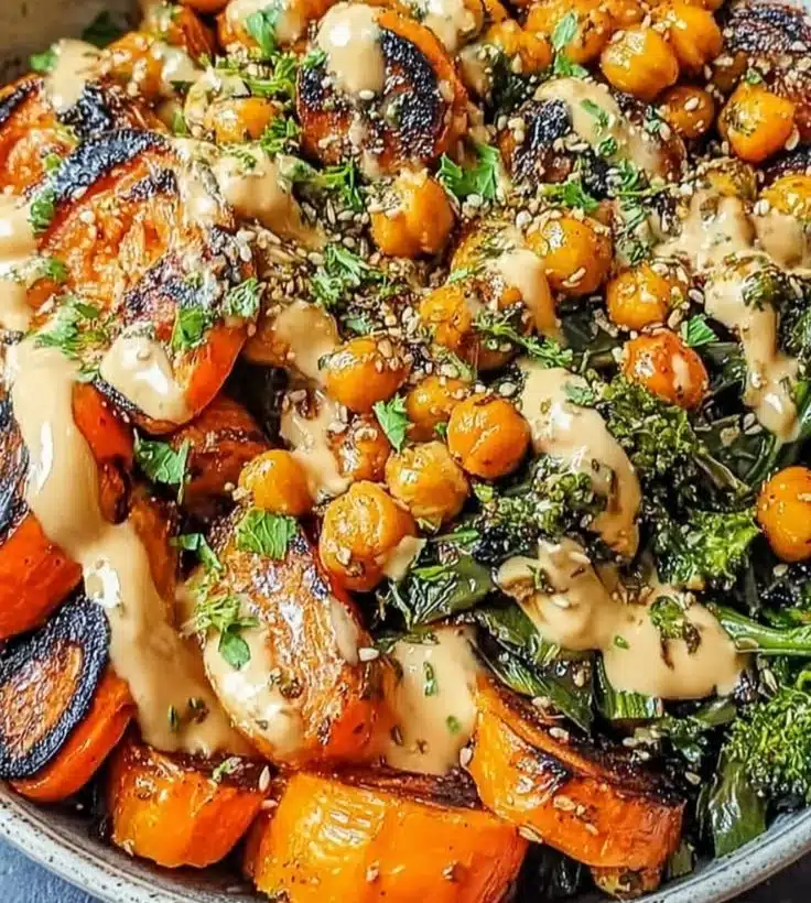A colorful roasted carrot and chickpea bowl garnished with fresh herbs.