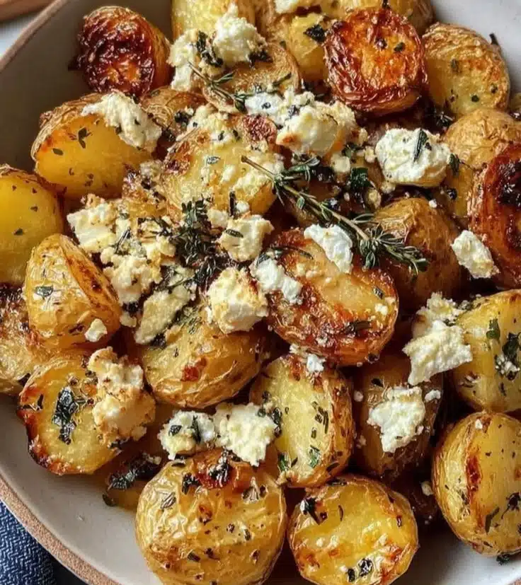 Bowl of roasted potatoes topped with baked feta and garlic
