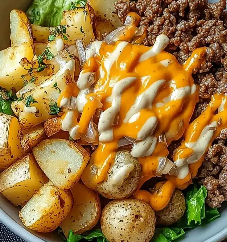 Delicious Smash Burger Bowl topped with fresh ingredients and sauces.