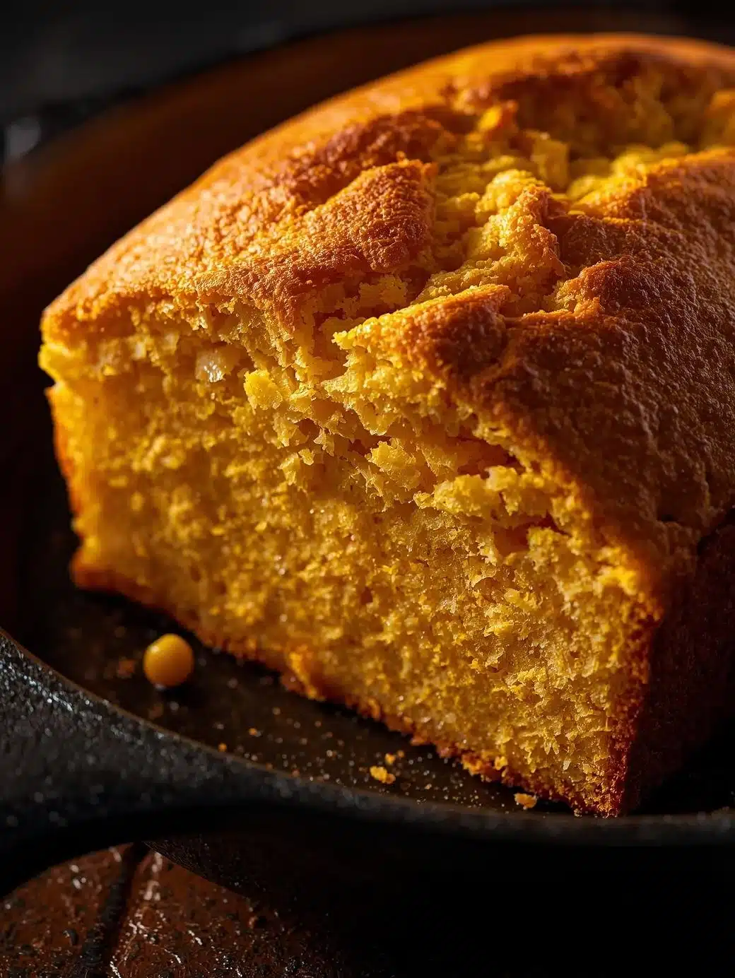 Southern-Style cornbread in a cast-iron skillet, golden brown and fluffy.