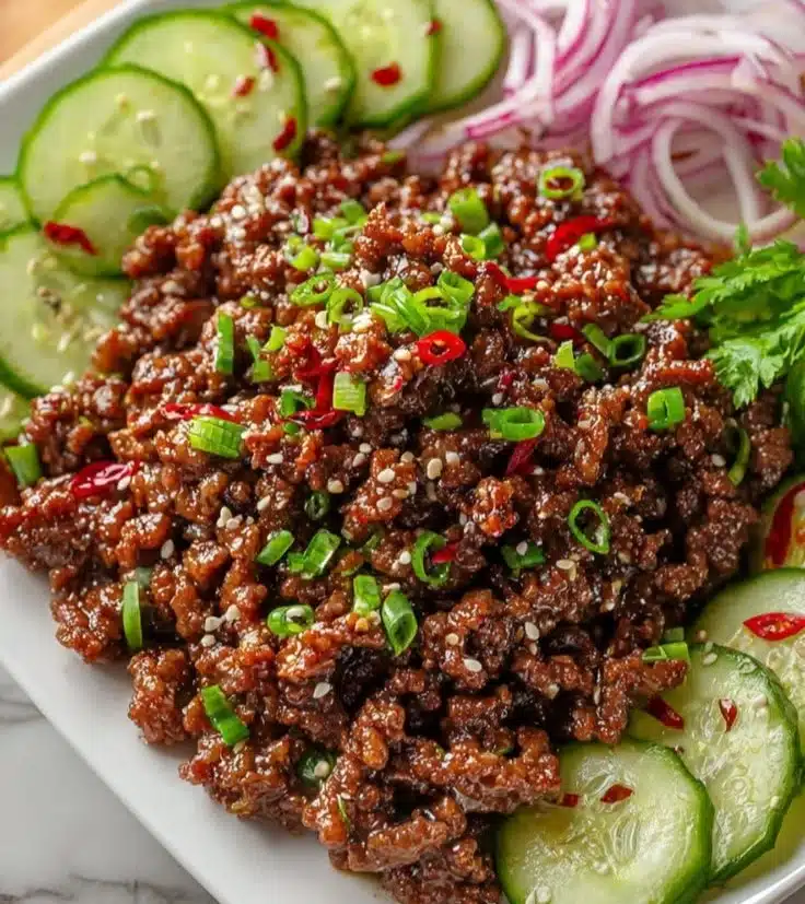 Spicy Korean ground beef served with cucumber salad on a plate