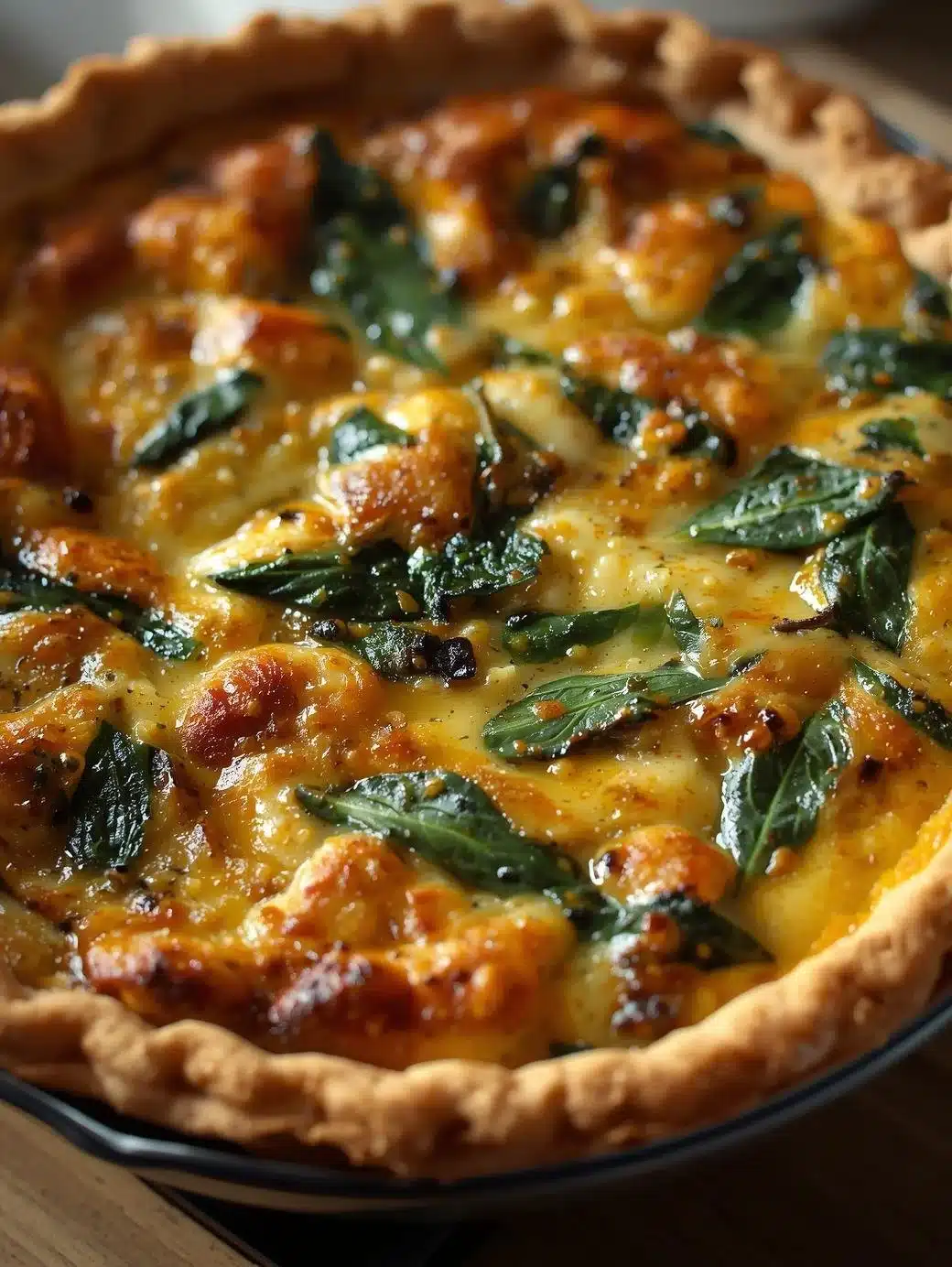 Delicious Spinach and Cheese Quiche served on a white plate