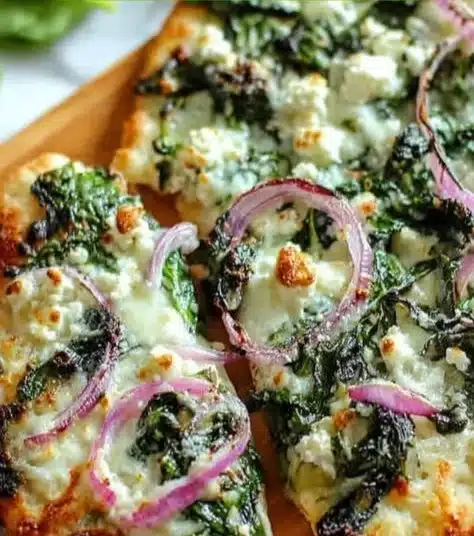 Spinach and Feta Flatbread Pizza topped with fresh ingredients.