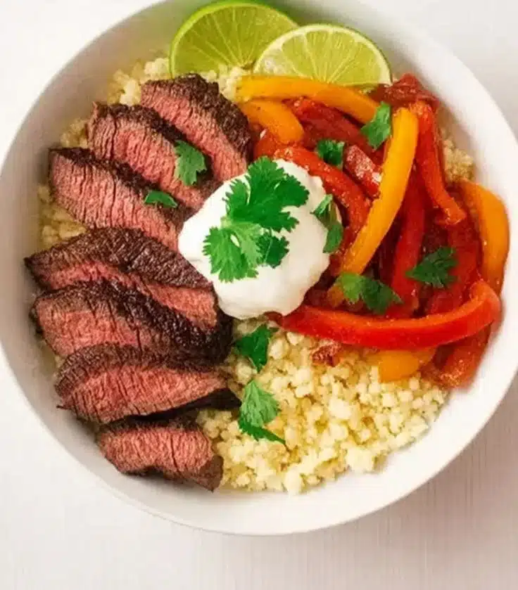 Delicious steak fajita bowl with grilled beef, peppers, and onions served in a colorful bowl.