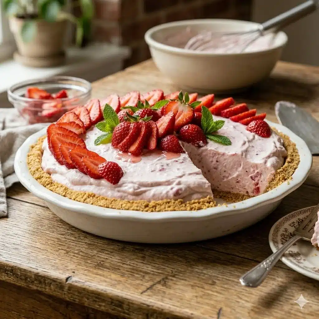 Delicious strawberry dessert garnished with fresh strawberries and whipped cream