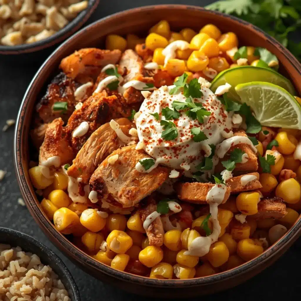 Delicious Street Corn Chicken Bowl with grilled chicken, corn, and toppings