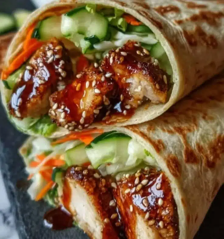 Delicious teriyaki chicken wraps with fresh vegetables and savory sauce