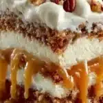 Slice of Texas tornado cake with chocolate and pecans on a plate