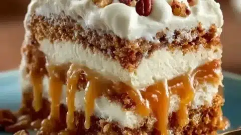 Slice of Texas tornado cake with chocolate and pecans on a plate