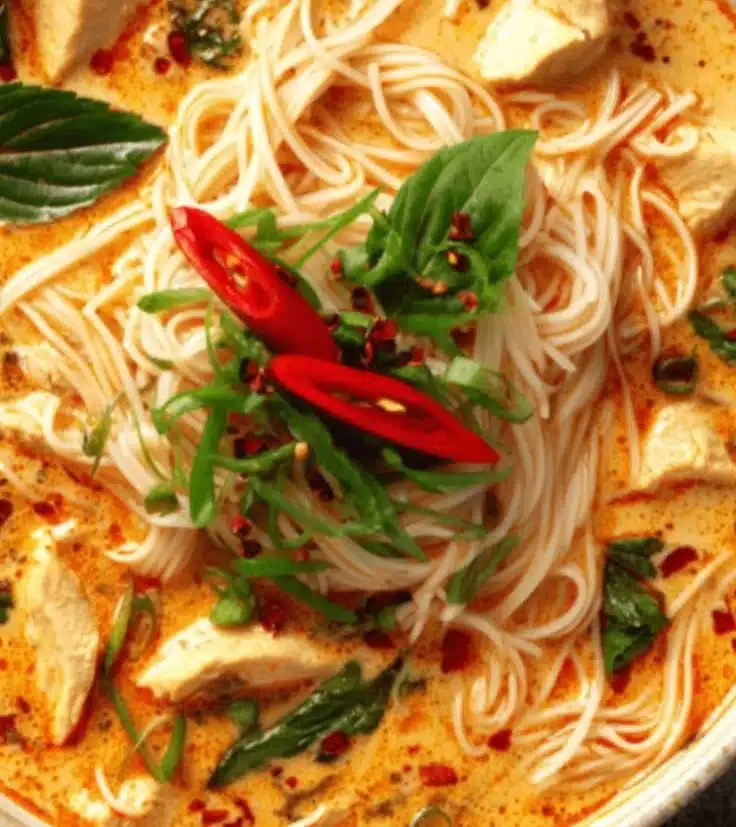 Bowl of Thai red curry noodle soup with fresh herbs and spices