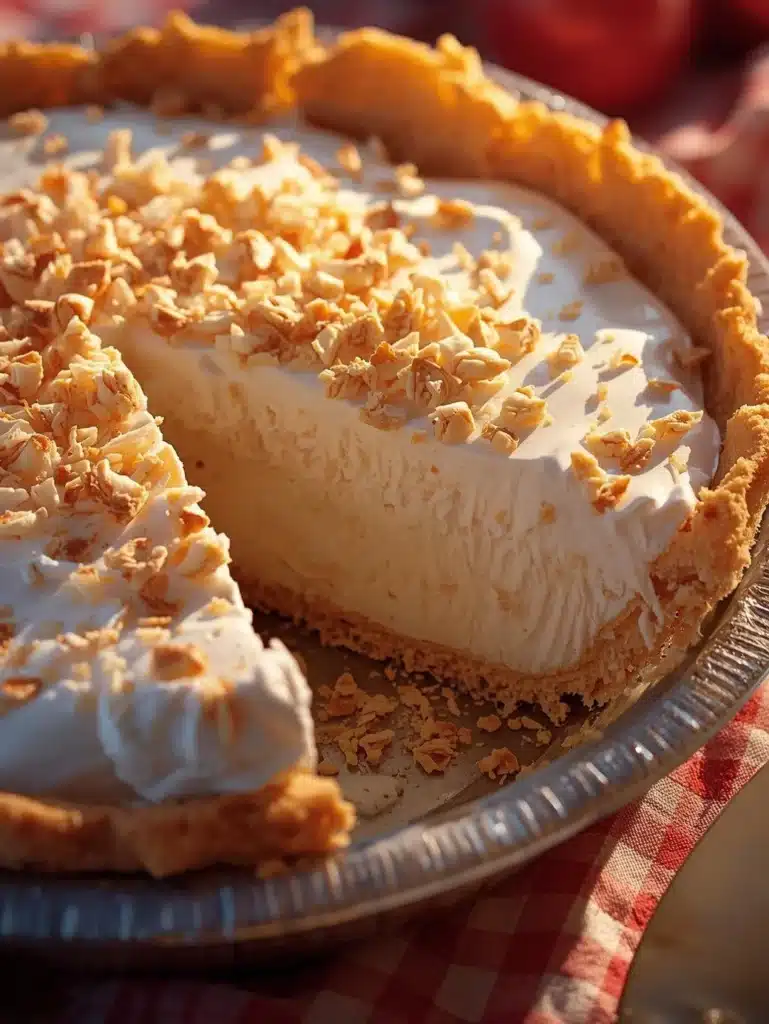Delicious coconut cream pie topped with whipped cream and coconut flakes