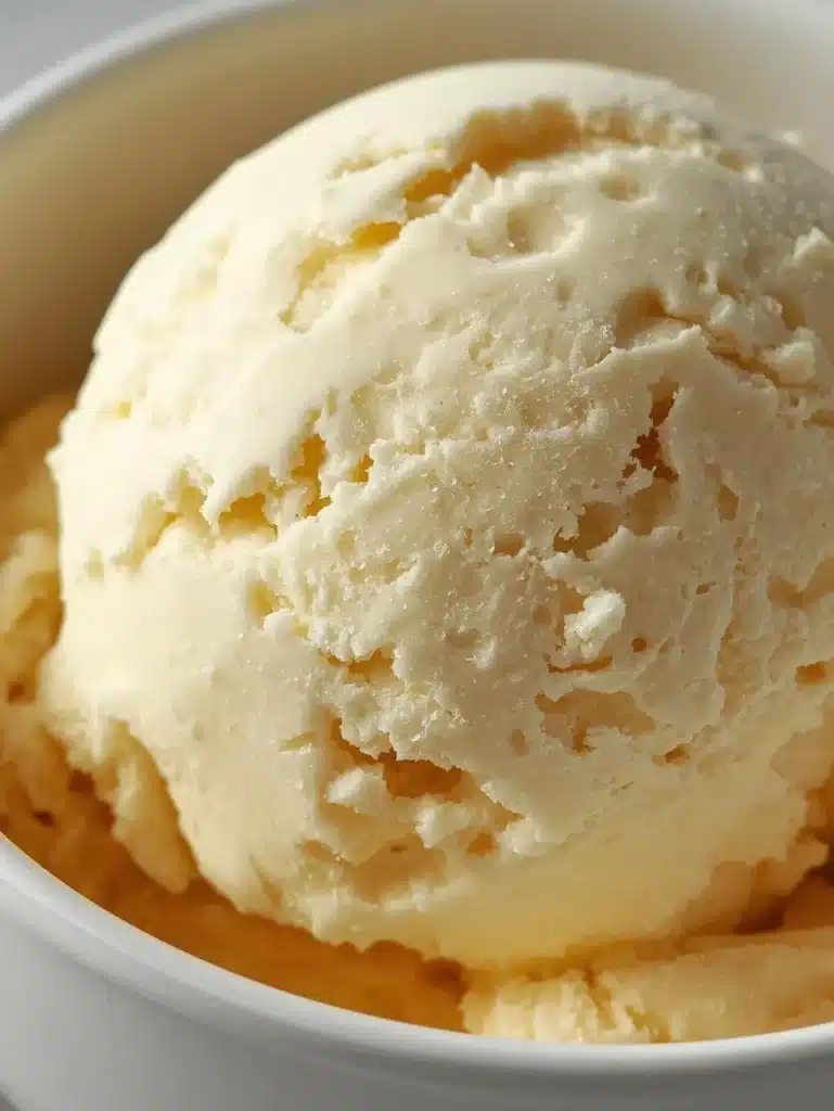 Creamy homemade vanilla ice cream in a bowl with a spoon