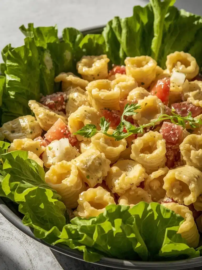 Delicious Tortellini Caesar Pasta Salad topped with parmesan and croutons