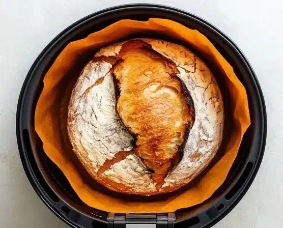 Delicious freshly baked air fryer bread on a wooden table
