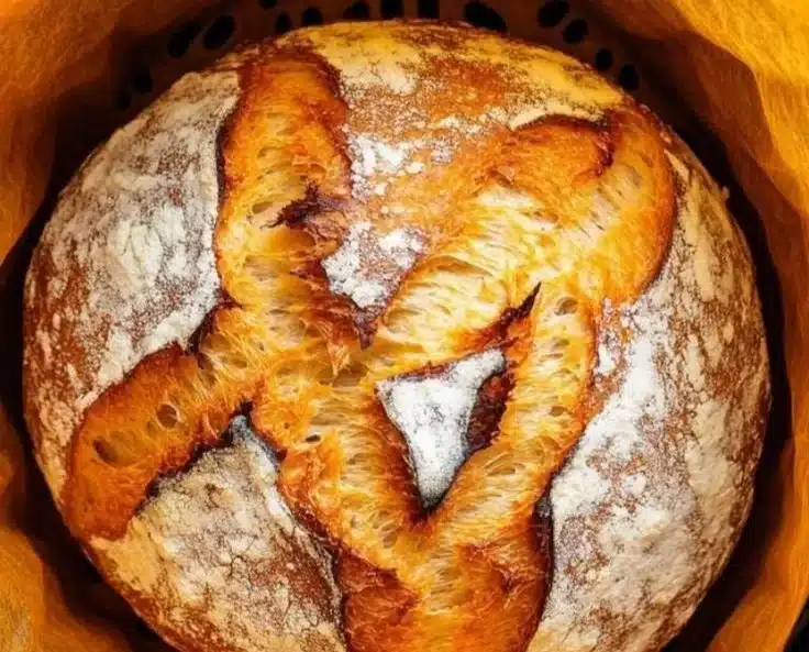 A loaf of freshly baked air fryer bread on a wooden table.
