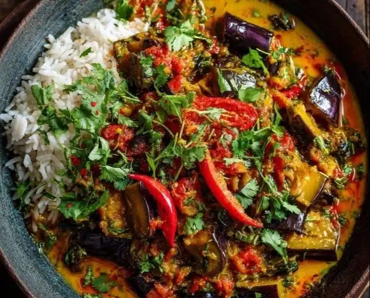 Aubergine Curry served in a bowl with herbs and spices for flavor enhancement.