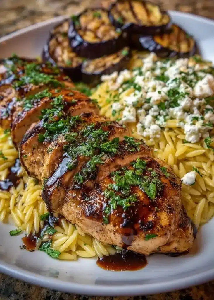 Balsamic glazed chicken served with orzo, feta, and grilled eggplant on a plate.