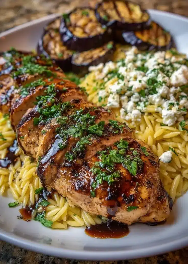 Balsamic glazed chicken served with orzo, feta, and grilled eggplant on a plate.