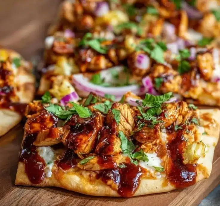 Delicious BBQ chicken flatbreads topped with fresh vegetables and cheese