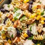 A vibrant BBQ Chicken Pasta Salad with colorful veggies and grilled chicken.