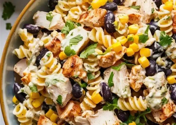 A vibrant BBQ Chicken Pasta Salad with colorful veggies and grilled chicken.