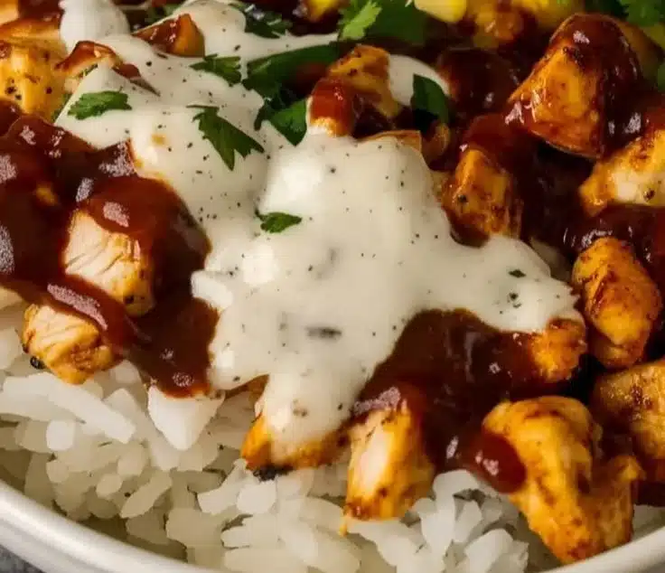 BBQ Ranch Chicken Bowl garnished with fresh vegetables