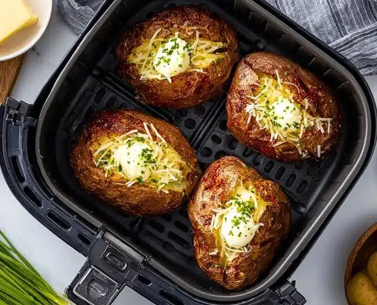 Deliciously crispy air fryer baked potatoes served with toppings
