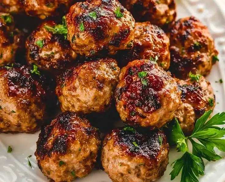 Plate of perfectly cooked homemade Italian meatballs with marinara sauce