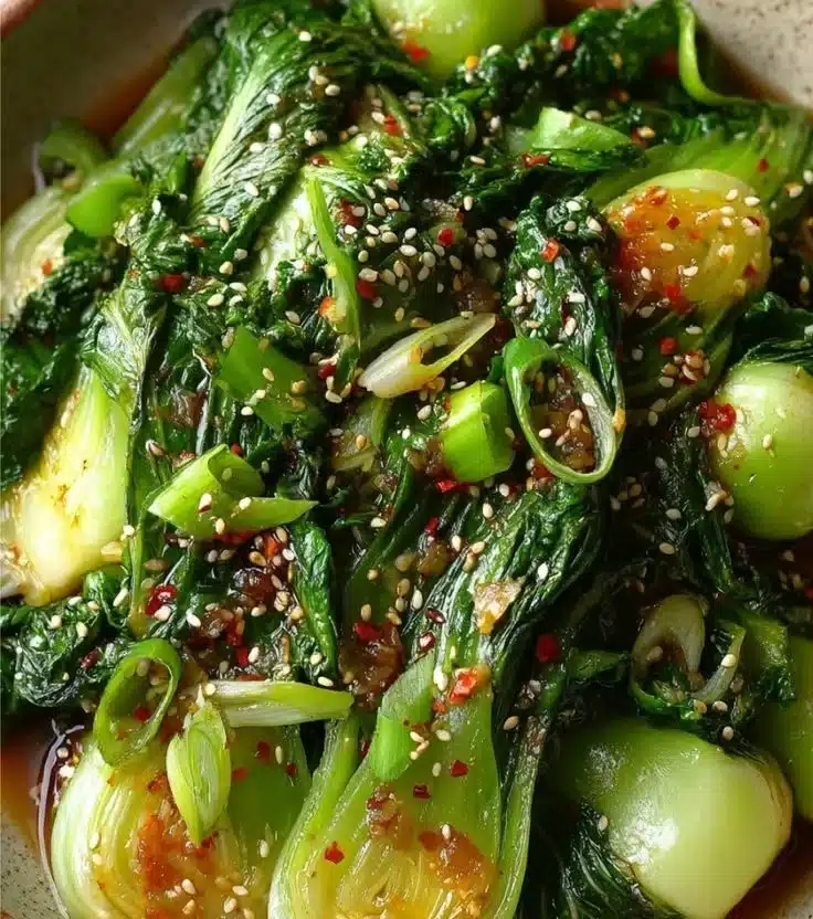 Bok Choy with Ginger Soy Sauce served in a bowl
