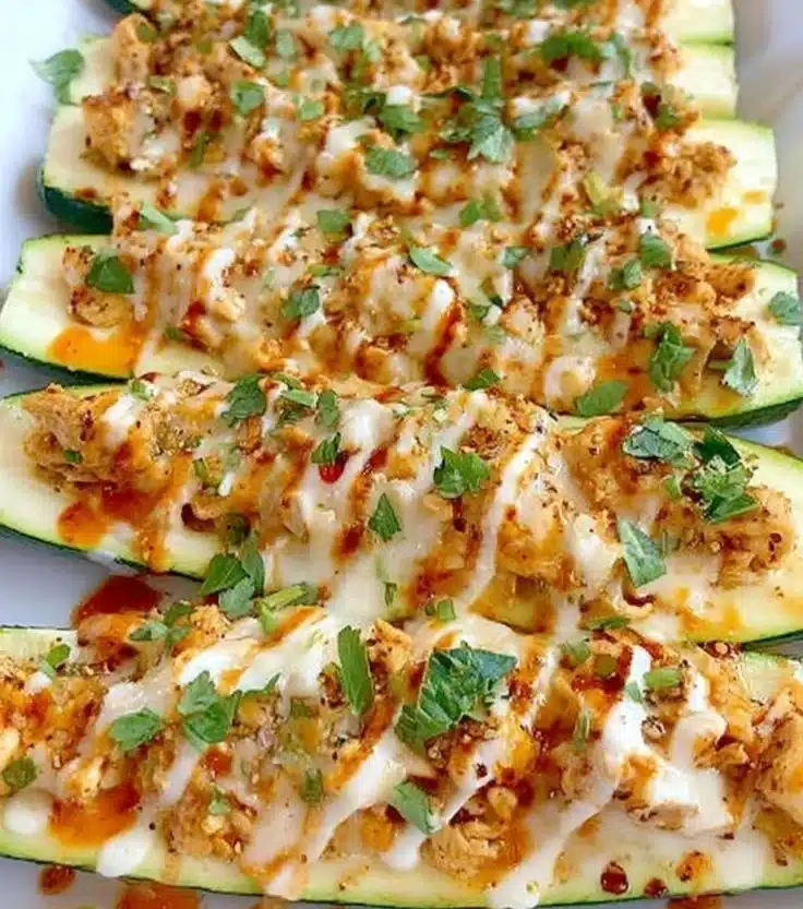 Buffalo Chicken Zucchini Boats topped with cheese and green onions.