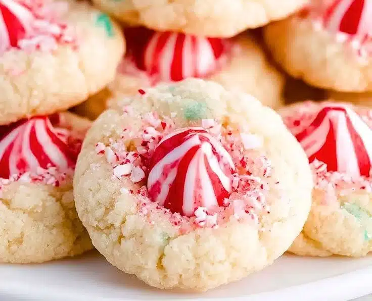 Delicious Candy Cane Kiss Cookies decorated with festive candy canes