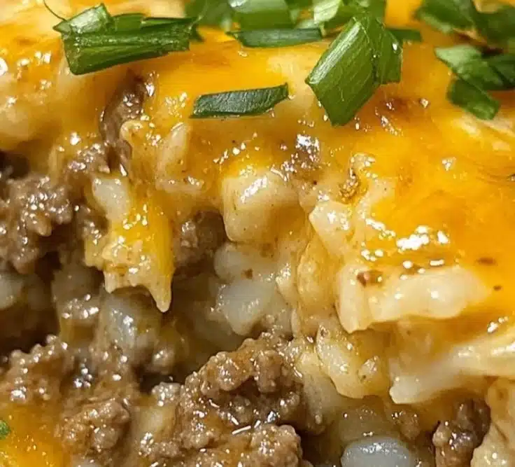 Cheesy Ground Beef and Rice Casserole in a baking dish