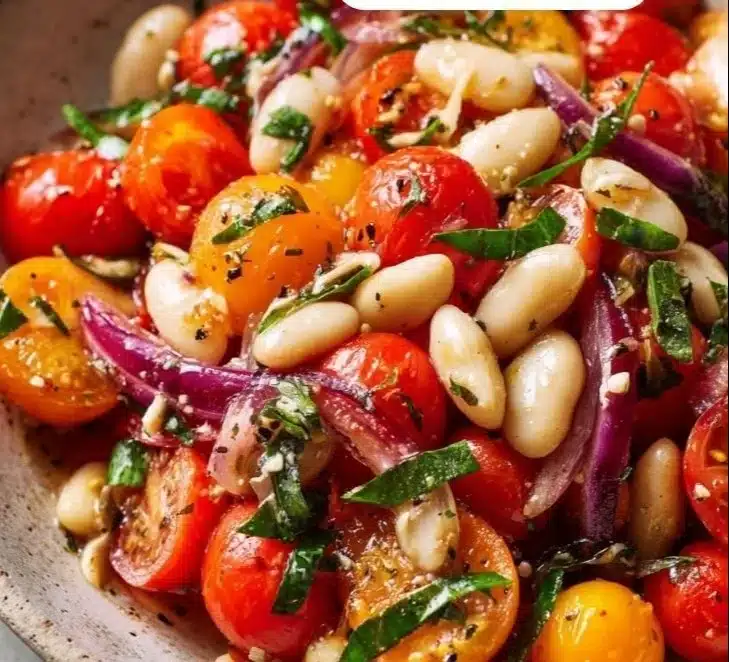 Delicious cherry tomato and white bean salad served in a bowl
