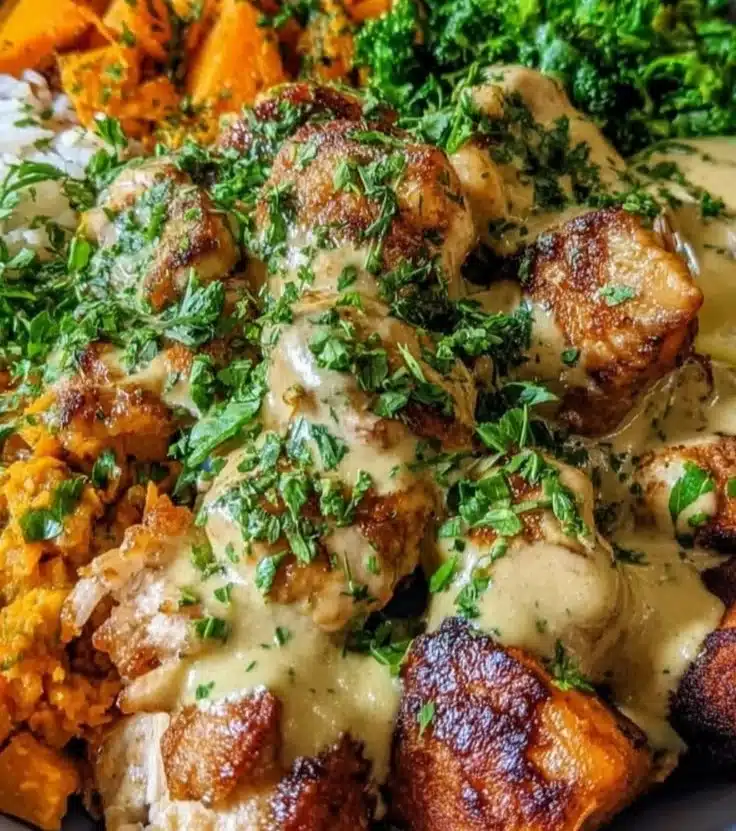 Healthy Chicken and Sweet Potato Bowl with colorful vegetables