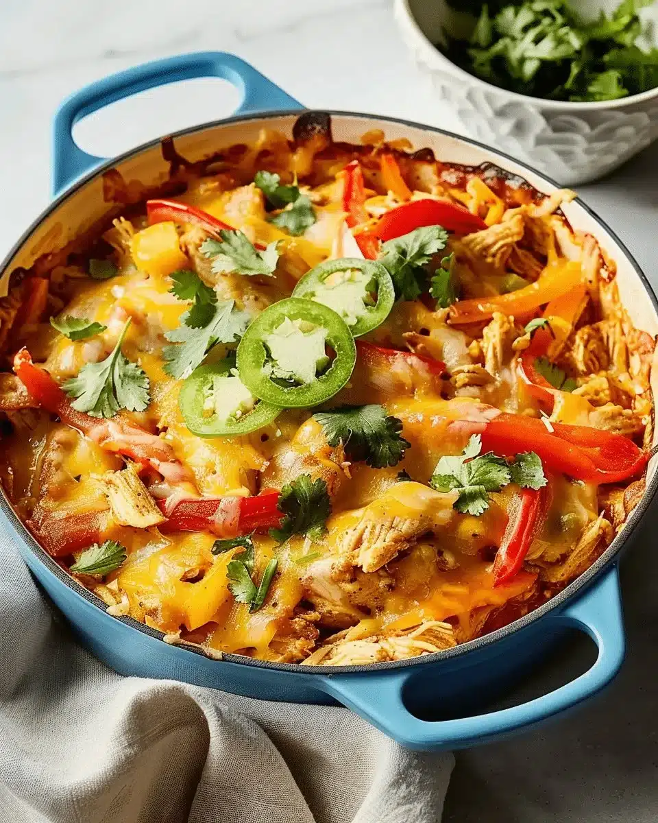 A savory Chicken Fajita Casserole topped with peppers and cheese